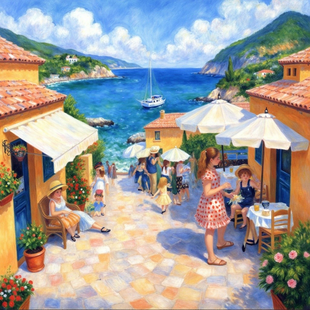 Charming Coastal Scene with Yellow Buildings and Sailboat