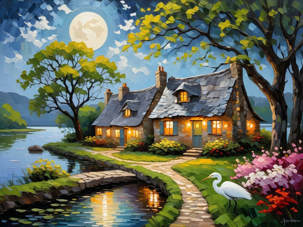 Cottage by River Under Moonlit Starry Sky