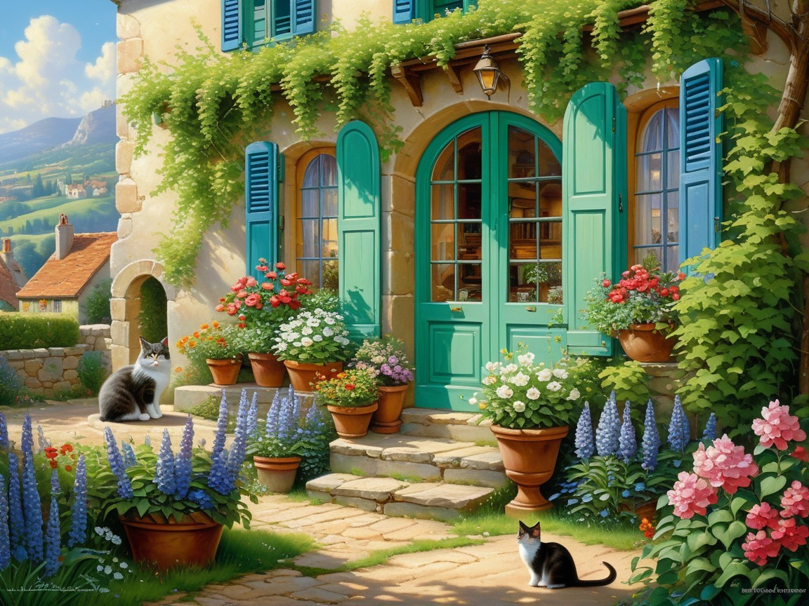 Charming cottage in a vibrant flower garden