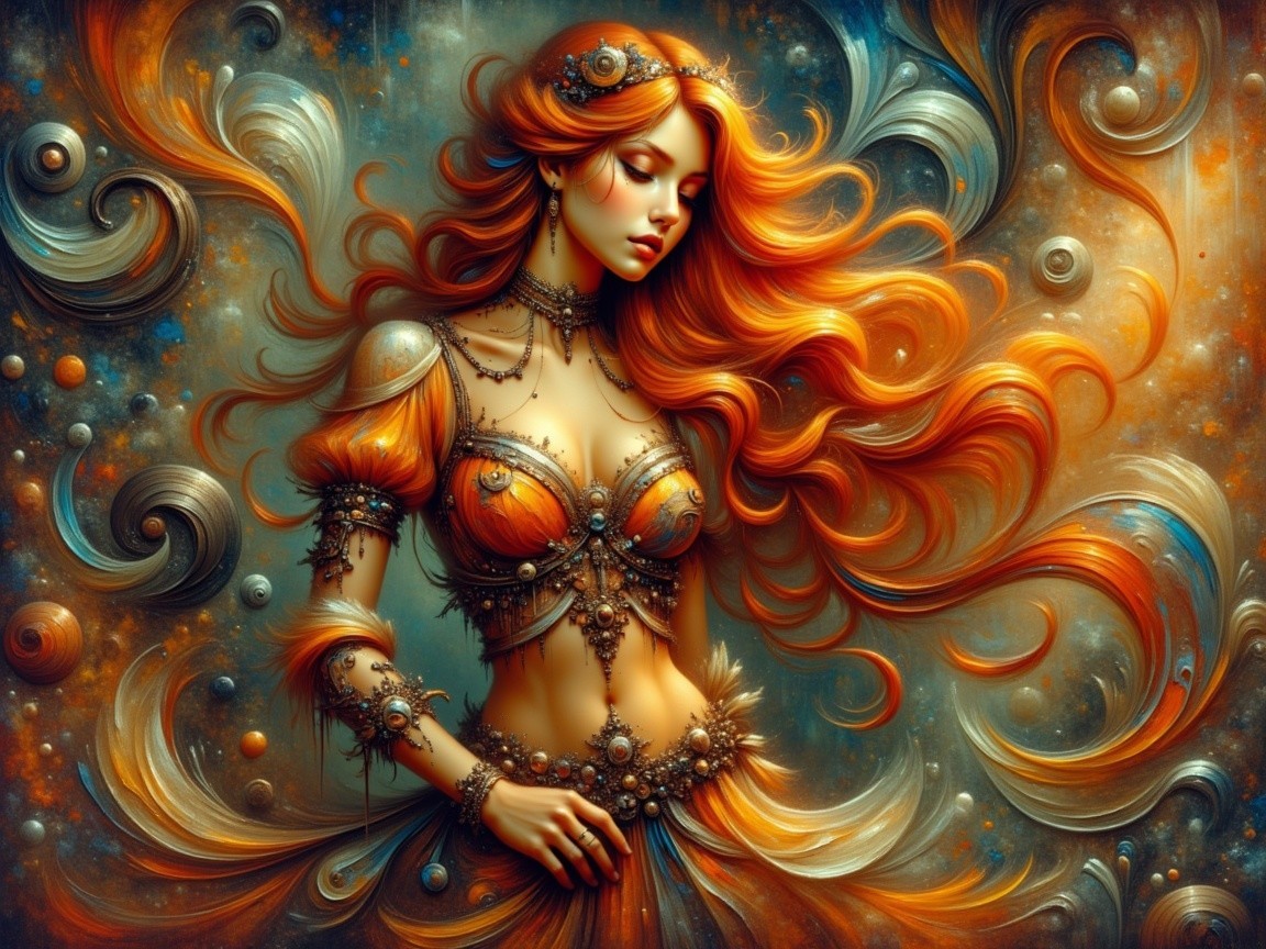 Mystical figure with vibrant orange hair and jewelry