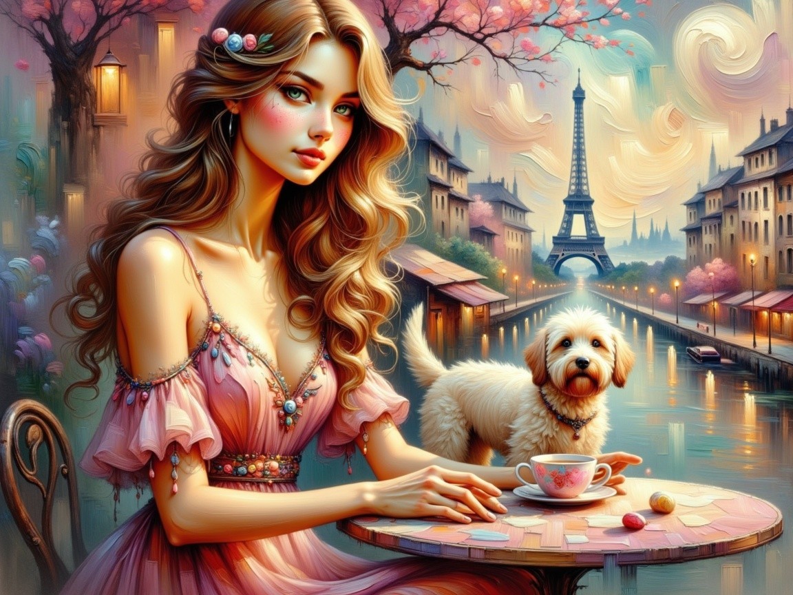 Young woman in embroidered dress at café with Eiffel Tower