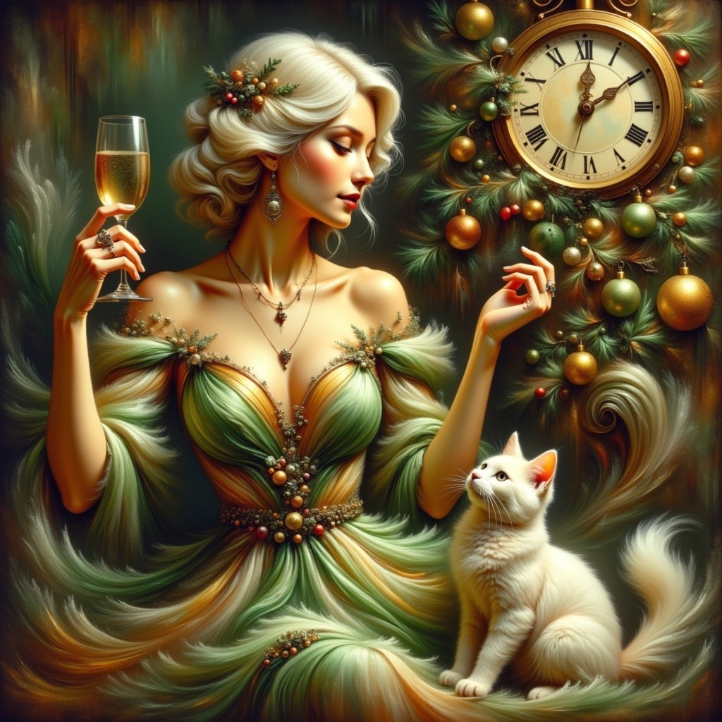 Detailed Painting of a Woman with Cat and Festive Decor
