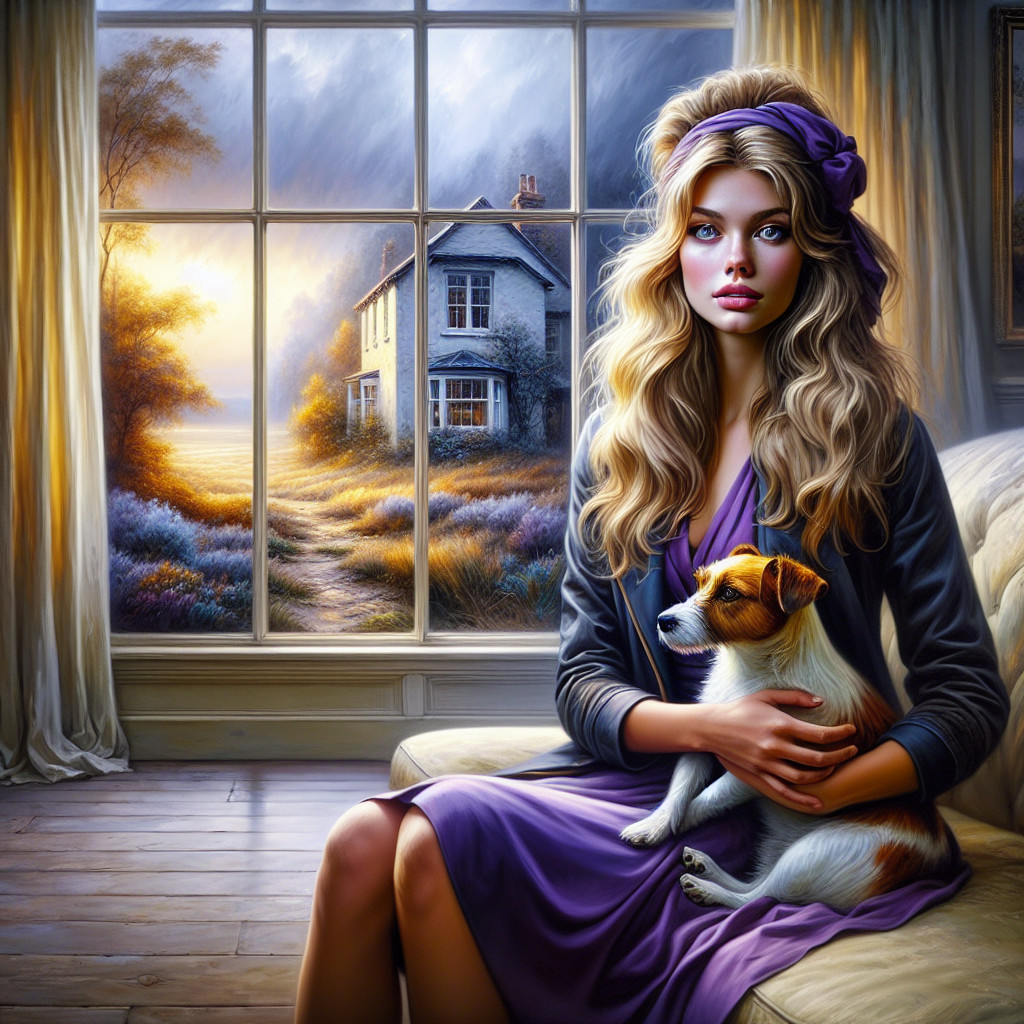 Young woman in purple dress with Jack Russell dog indoors