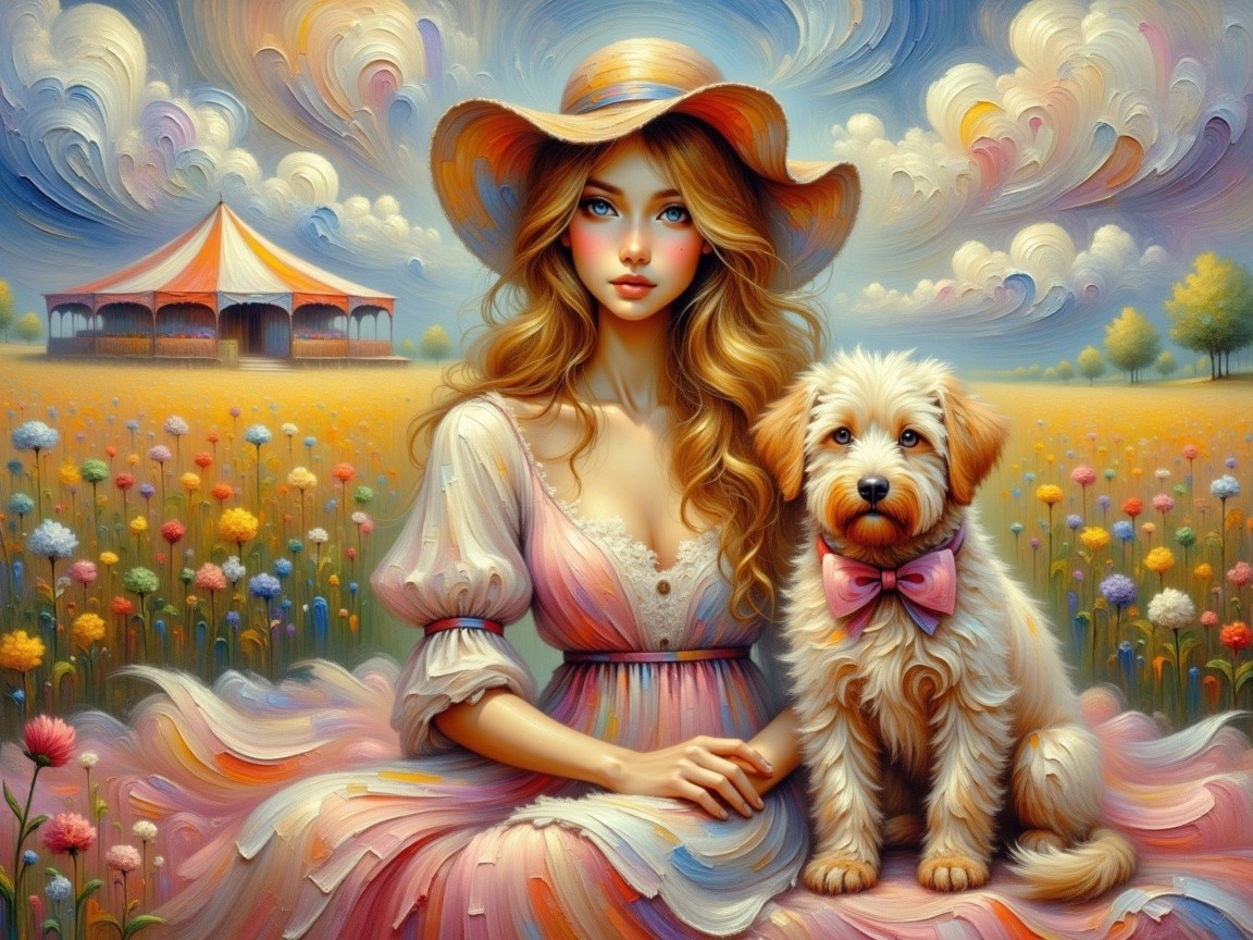 Young woman in pink dress with dog in flower meadow