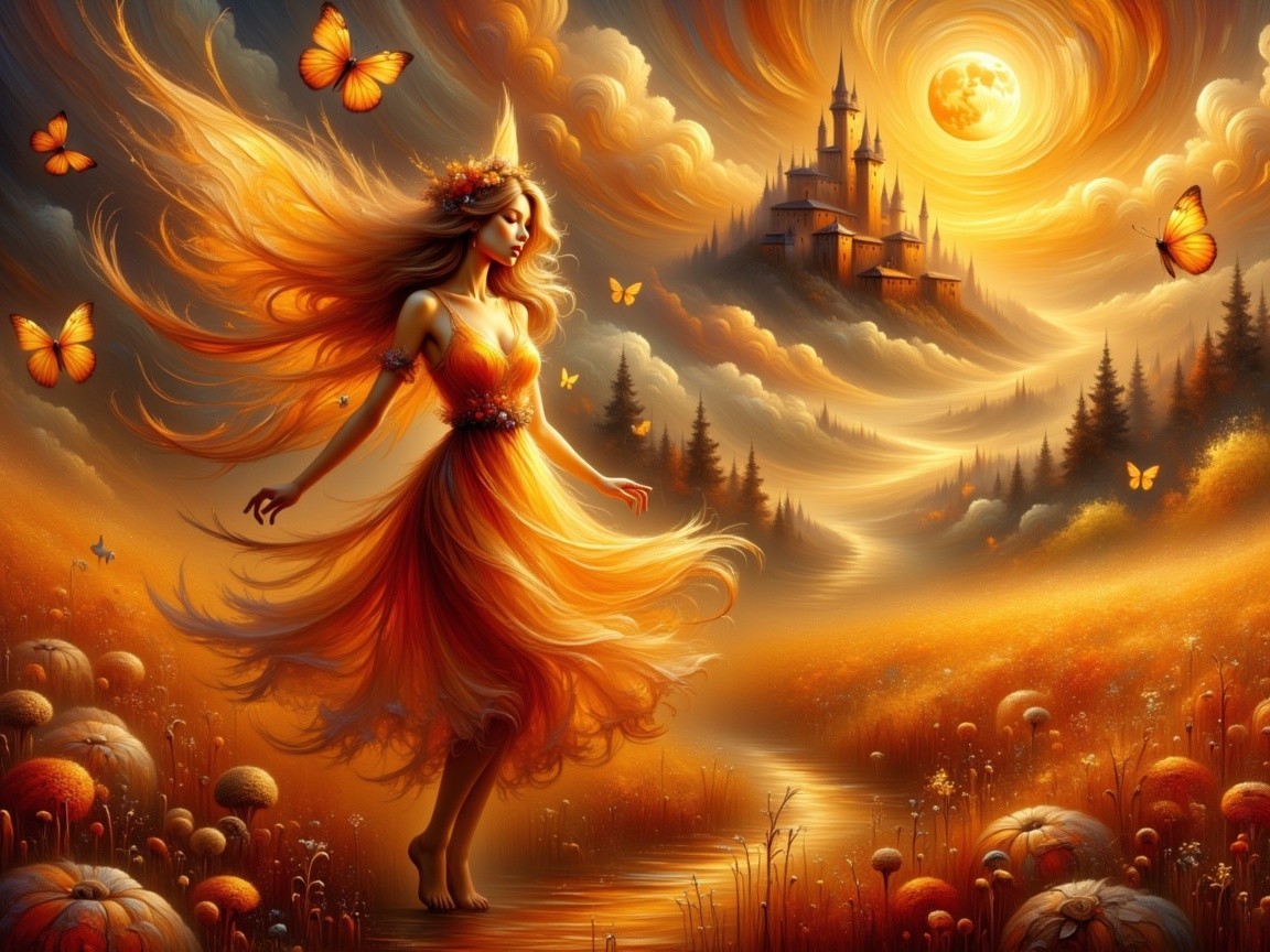 Mystical Dance of a Woman in an Orange Dress