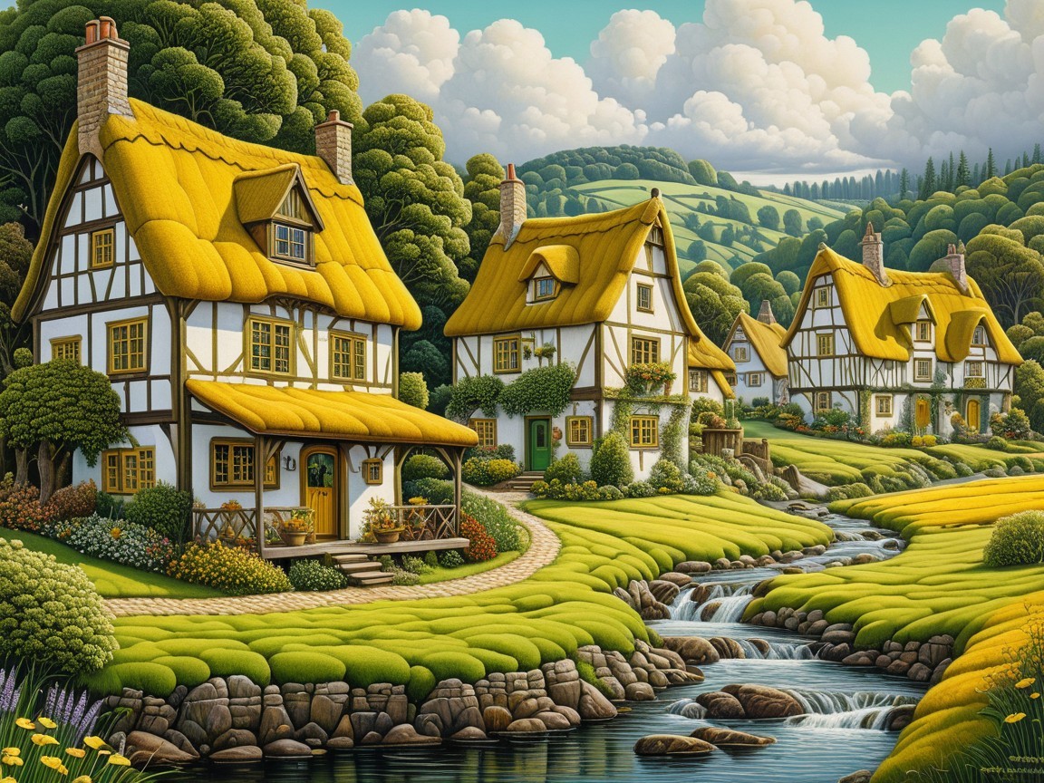 Charming Thatched-Roof Cottages in Lush Countryside