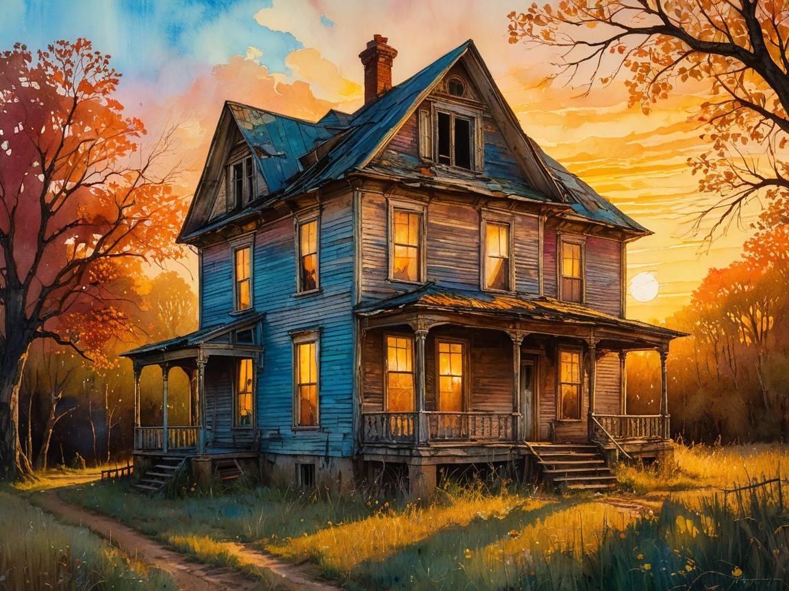 Weathered Victorian House in Autumn Landscape