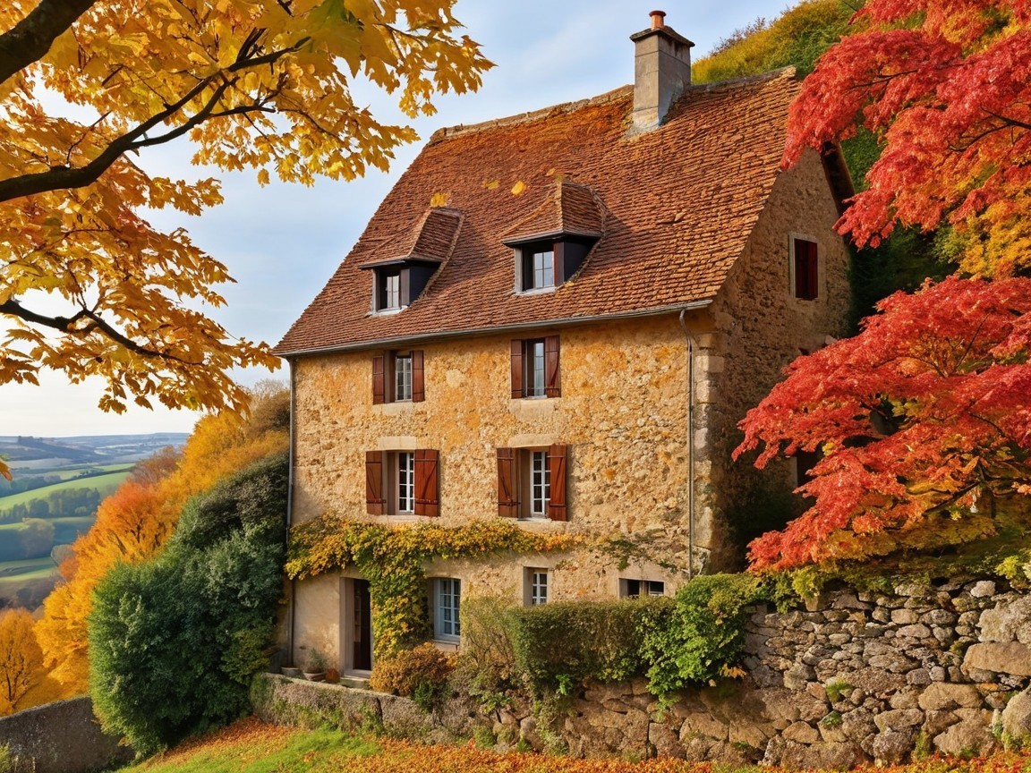 Stone Cottage Surrounded by Autumn Foliage and Hills