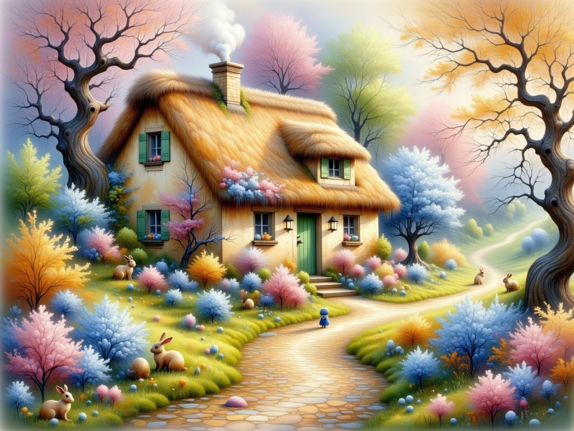 Whimsical Cottage in a Vibrant Fairy-Tale Landscape