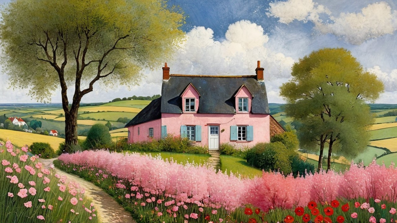 Charming Pink Cottage in a Vibrant Countryside Setting