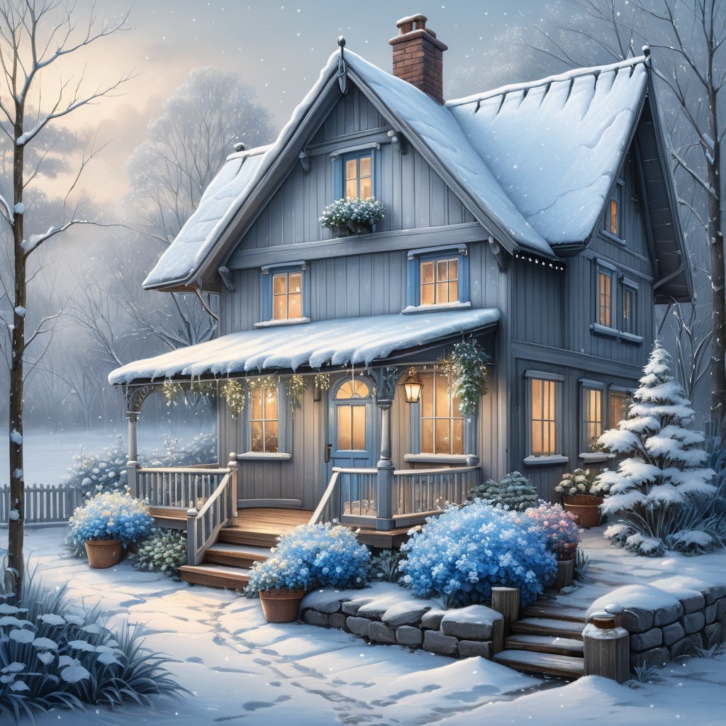 Charming Blue House in Snowy Winter Wonderland Scene