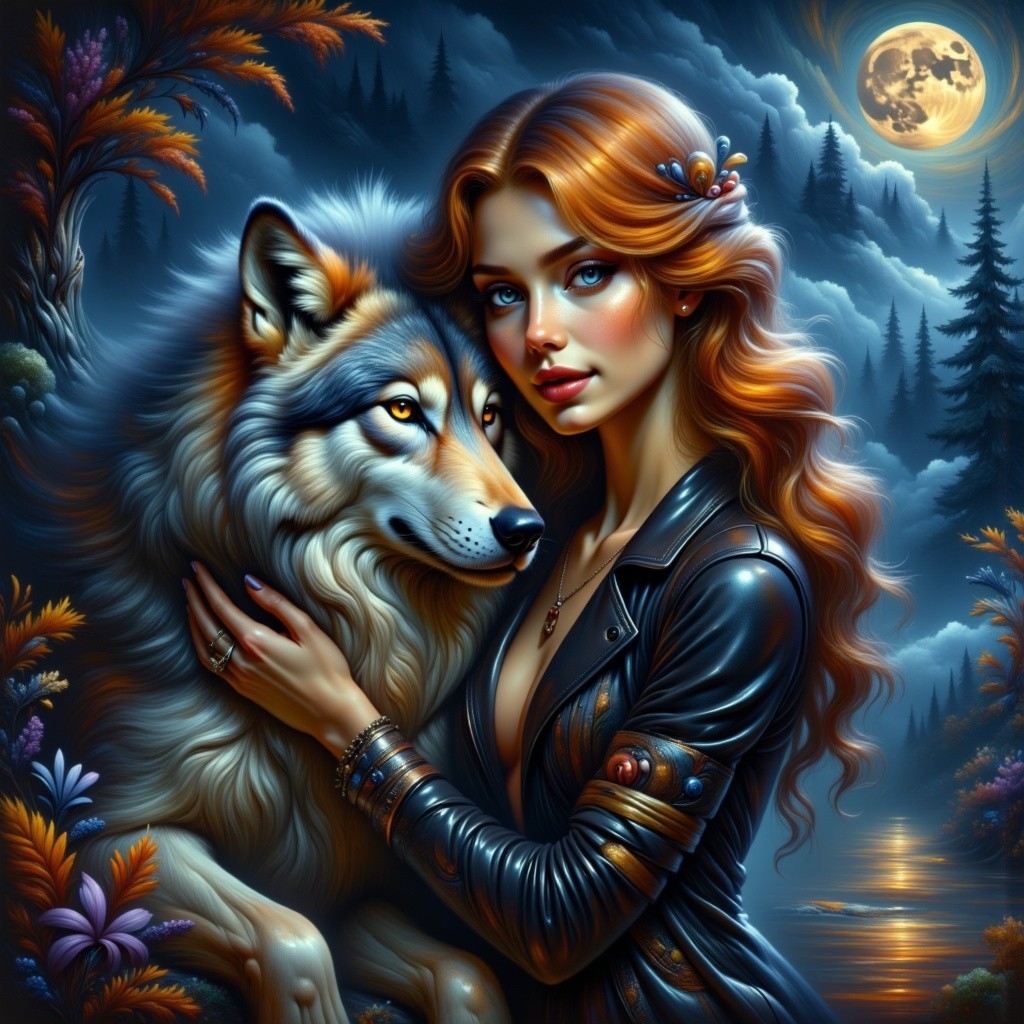 Twilight Scene of Woman with Wolf in Nature