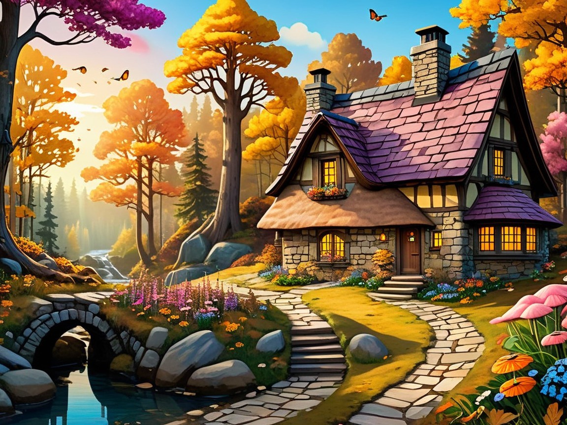 Charming Cottage in Vibrant Autumn Landscape