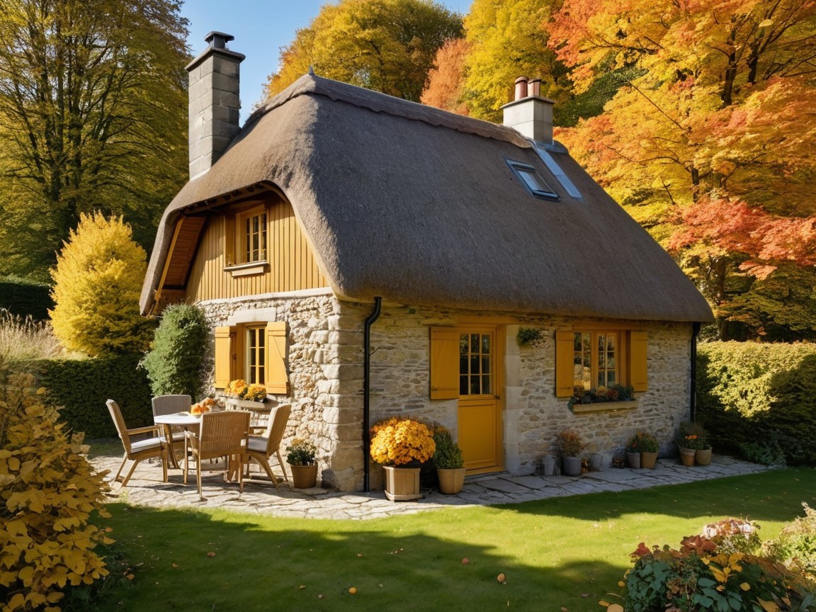 Thatched-Roof Cottage in Autumn Landscape