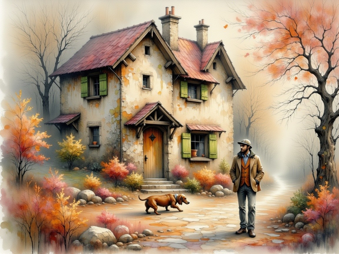 Cozy Cottage in Serene Autumn Landscape with Dog