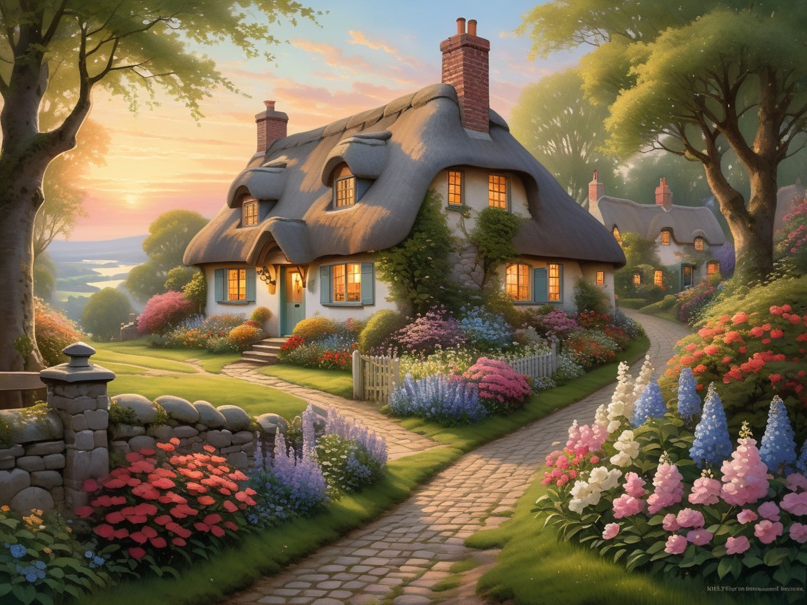 Thatched Cottage Surrounded by Colorful Garden
