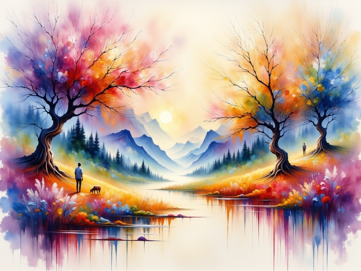 Autumn Landscape with Trees, River, and Mountains