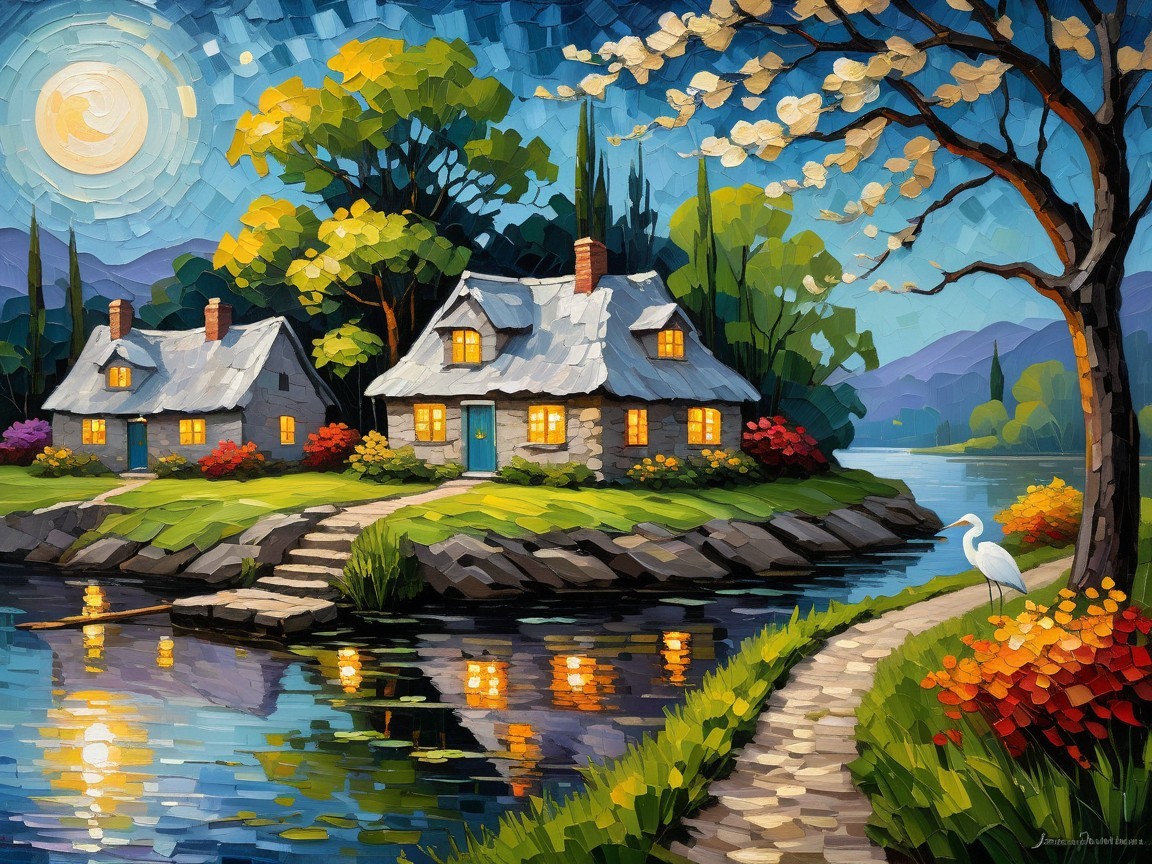 Charming Island Houses Amidst Flowers and Moonlight