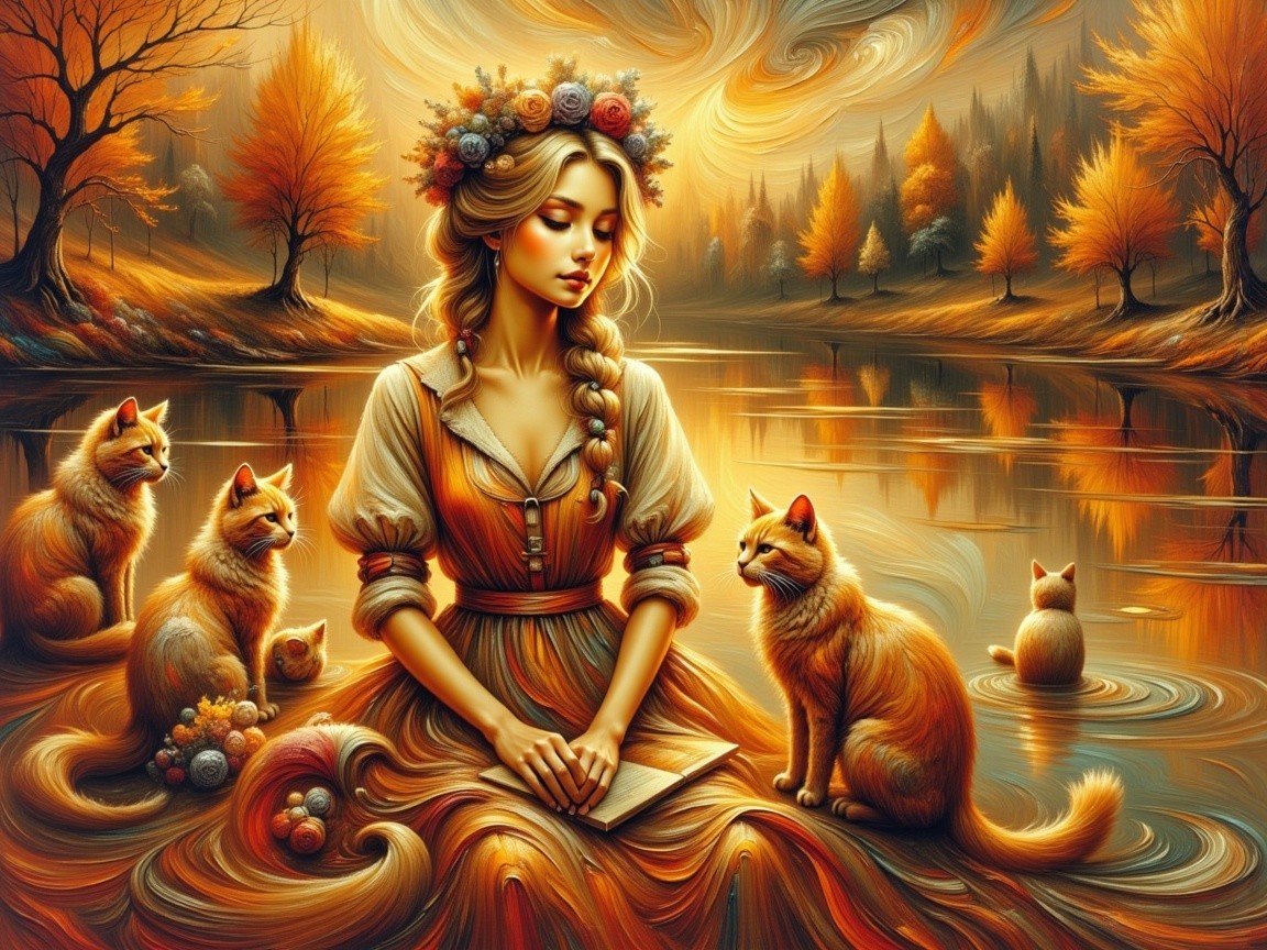 Young Woman with Cats by a Tranquil Lake in Autumn