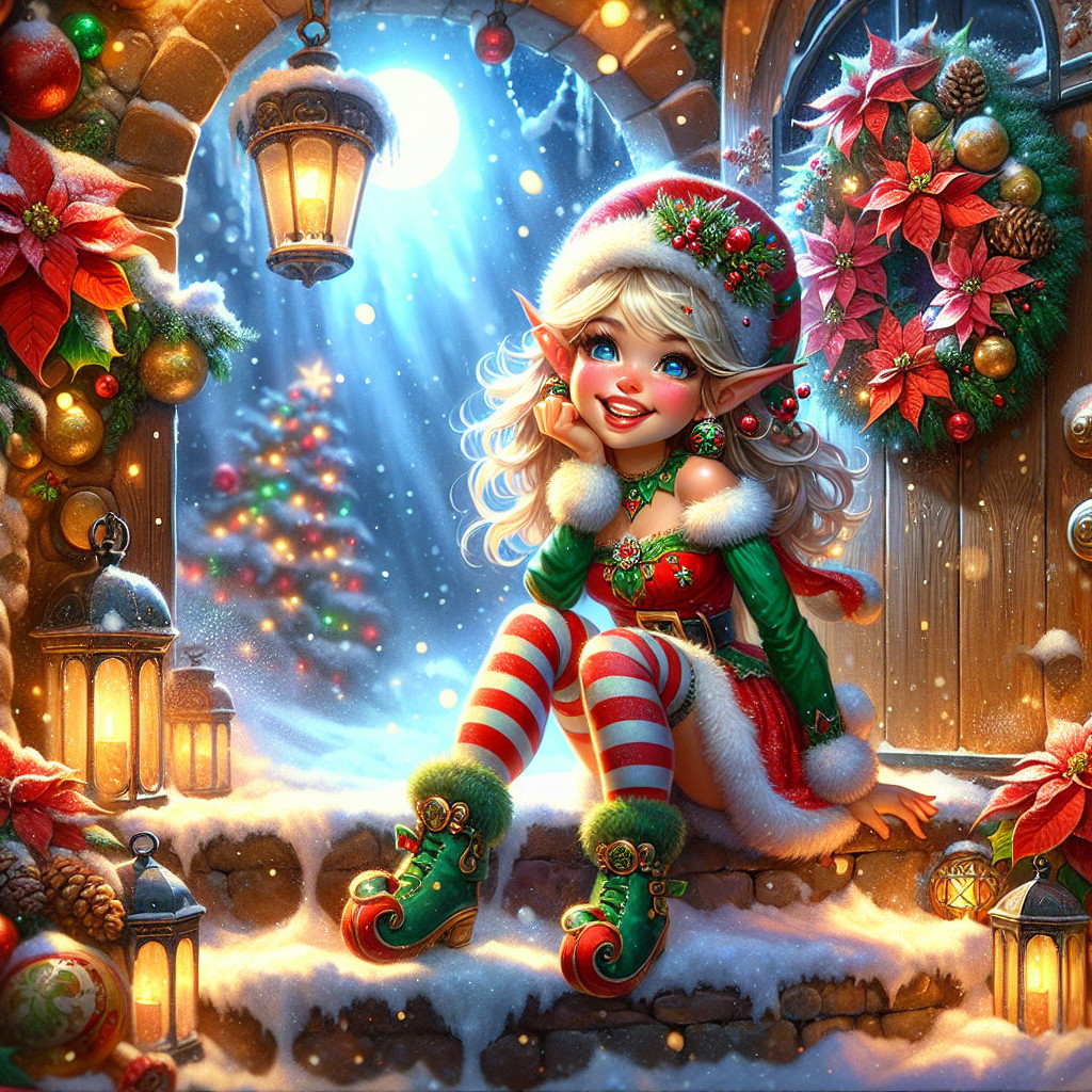 Cheerful Elf on Snowy Doorstep with Christmas Tree