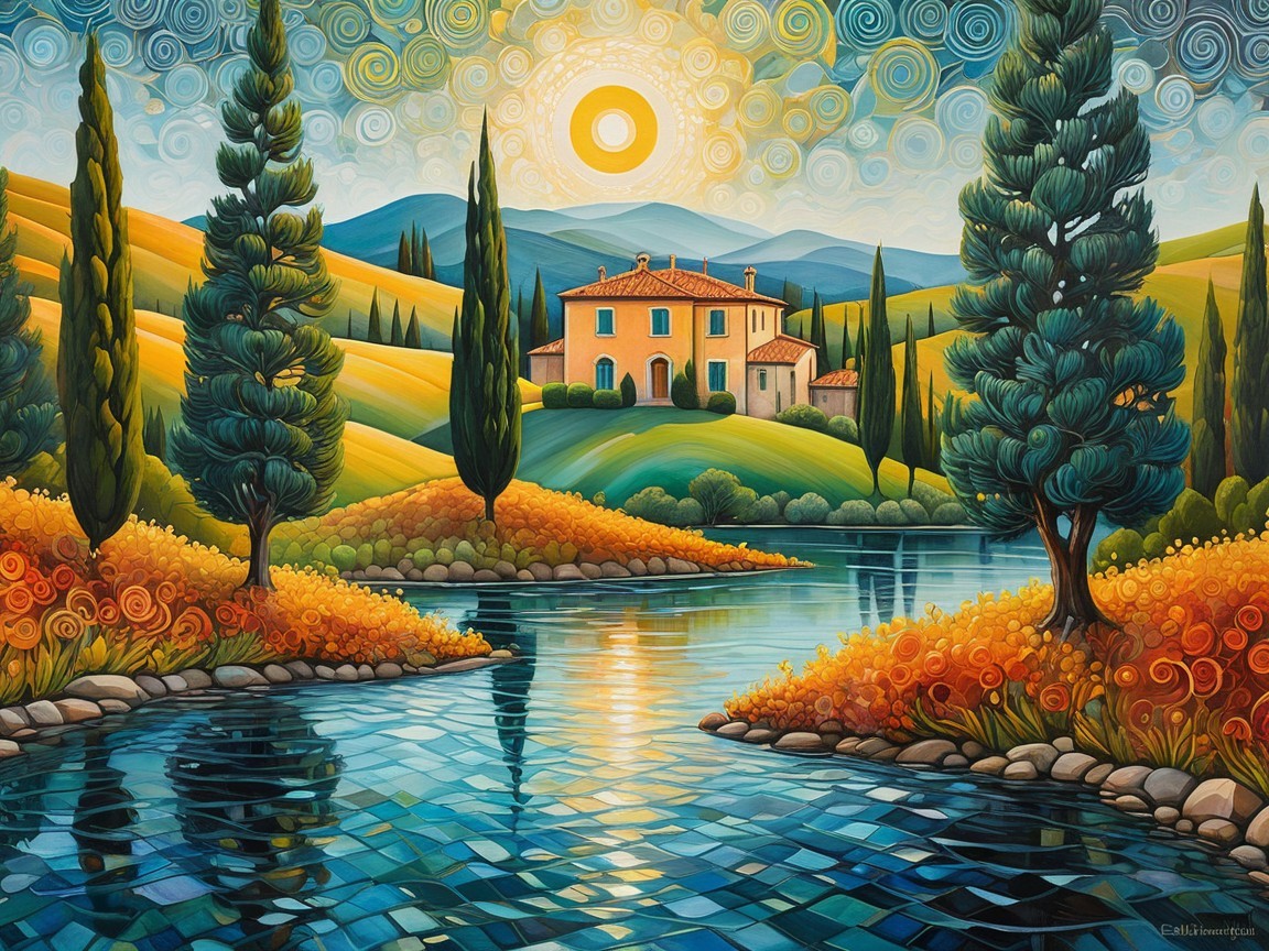Vibrant Landscape with Serene House and Rolling Hills