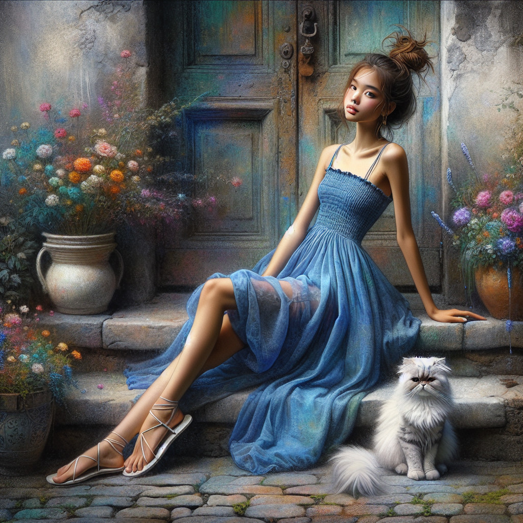 Young Woman on Stone Steps with Cat and Flowers