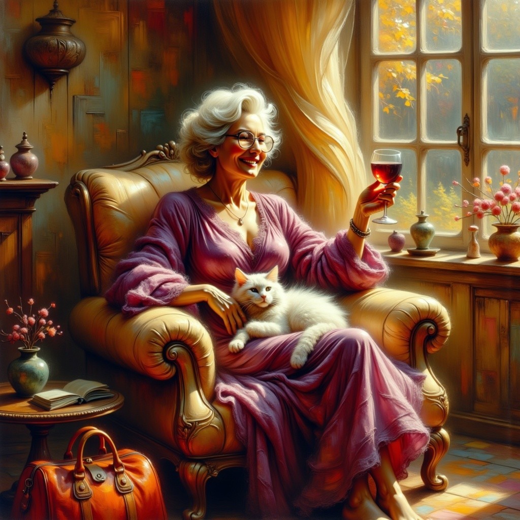 Elegant Woman in Armchair with Cat and Wine