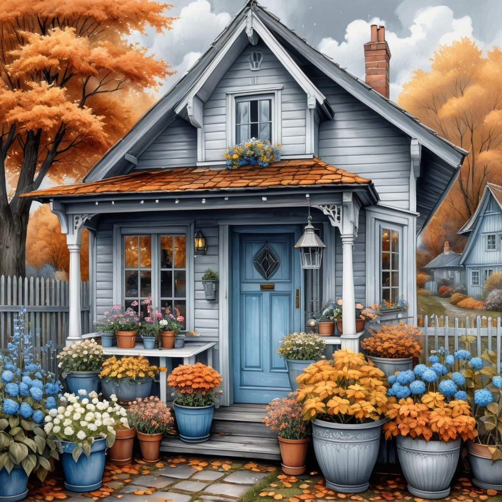 Blue Cottage Surrounded by Vibrant Autumn Foliage