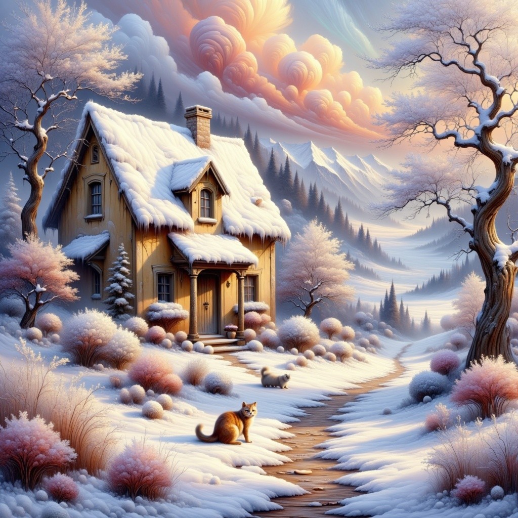 Snow-Covered Cottage in a Winter Landscape