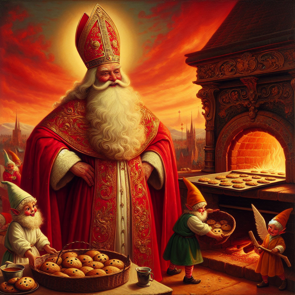 Jovial figure in red robes with gnomes baking cookies