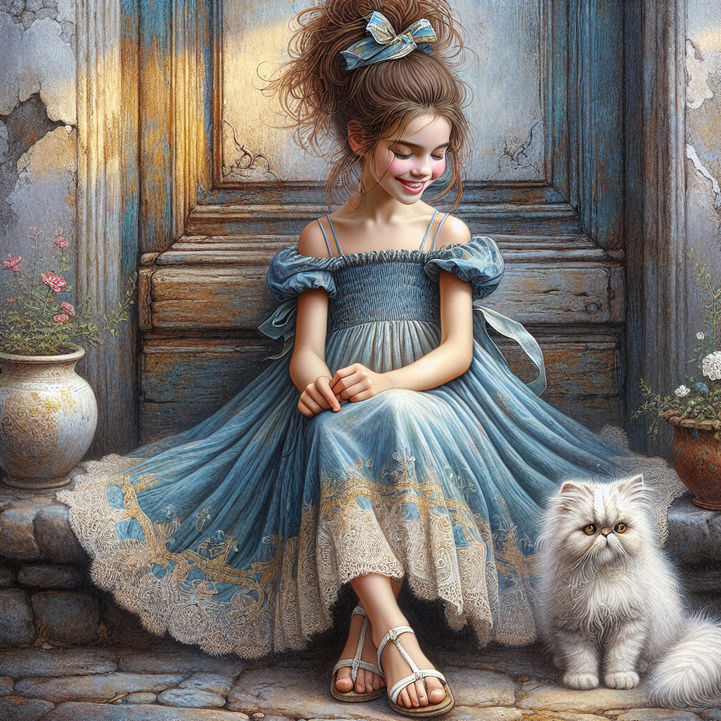 Young girl in blue dress with cat by stone step