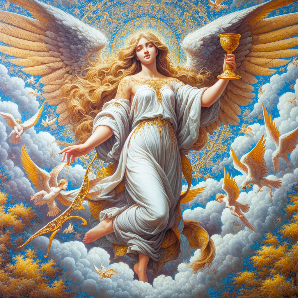 Majestic angel in white gown with golden accents