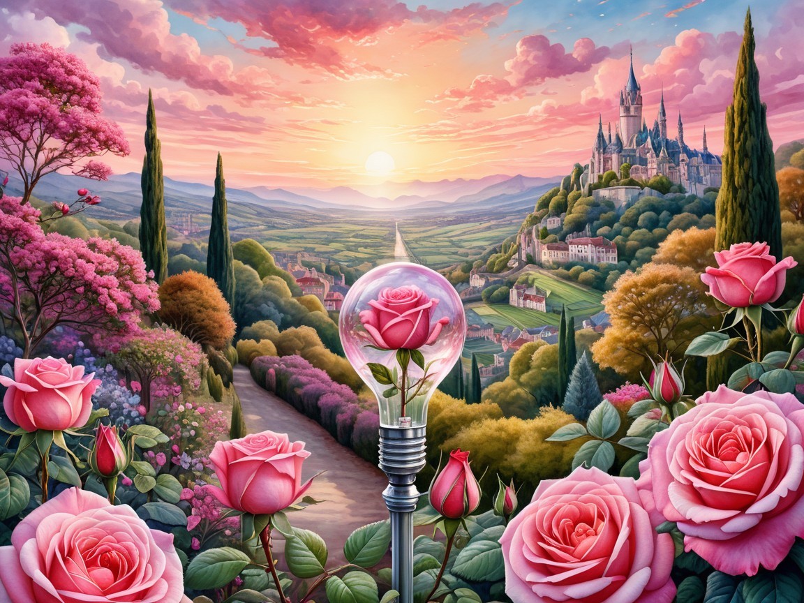 Sunset Landscape with Hills, Roses, and Castle