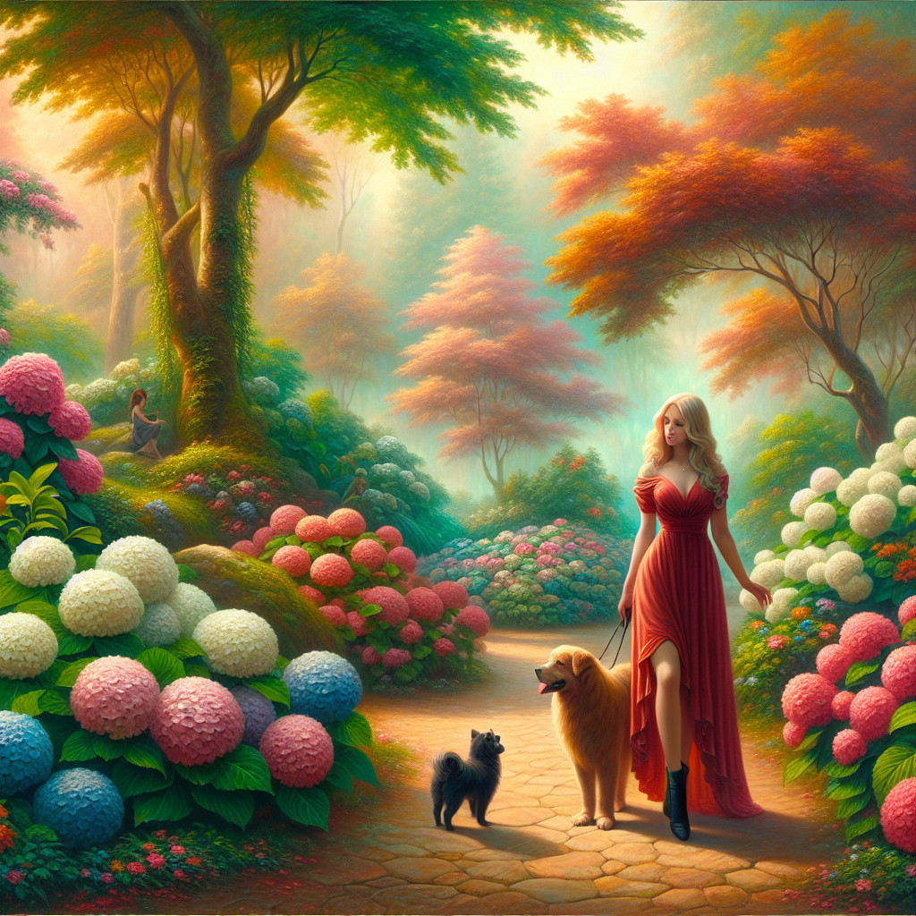 Serene garden with vibrant hydrangeas and dogs