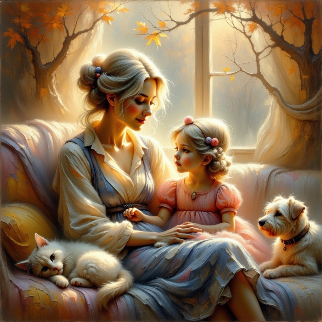Mother and Daughter in Cozy Sofa Scene with Pets