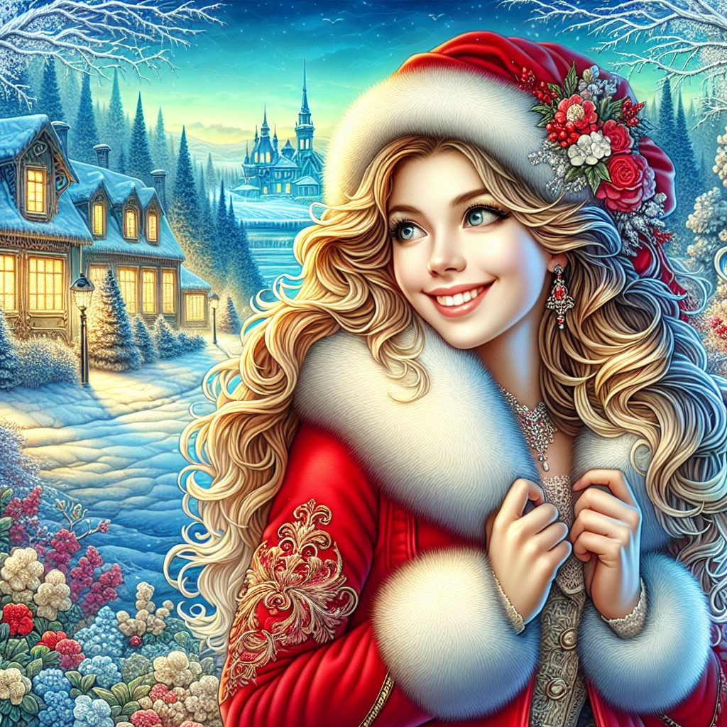Cheerful Woman in Festive Winter Scene with Snowy Backdrop