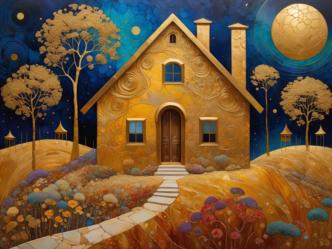 Golden House on a Textured Hill with Surrounding Flora