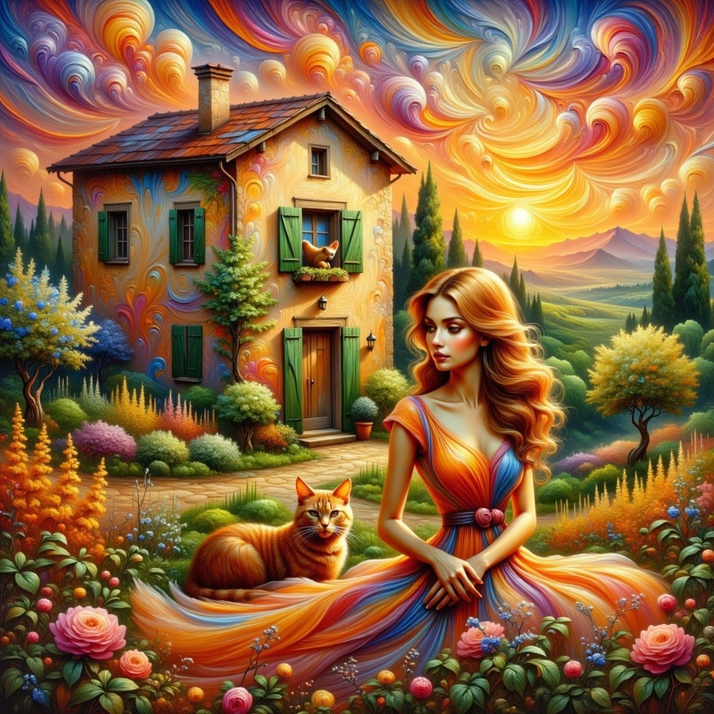 Surreal Cottage Scene with Colorful Gardens and Sky