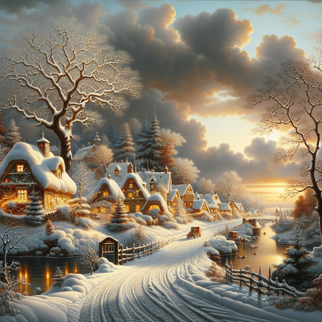 Winter Village Scene at Sunset with Snowy Landscape