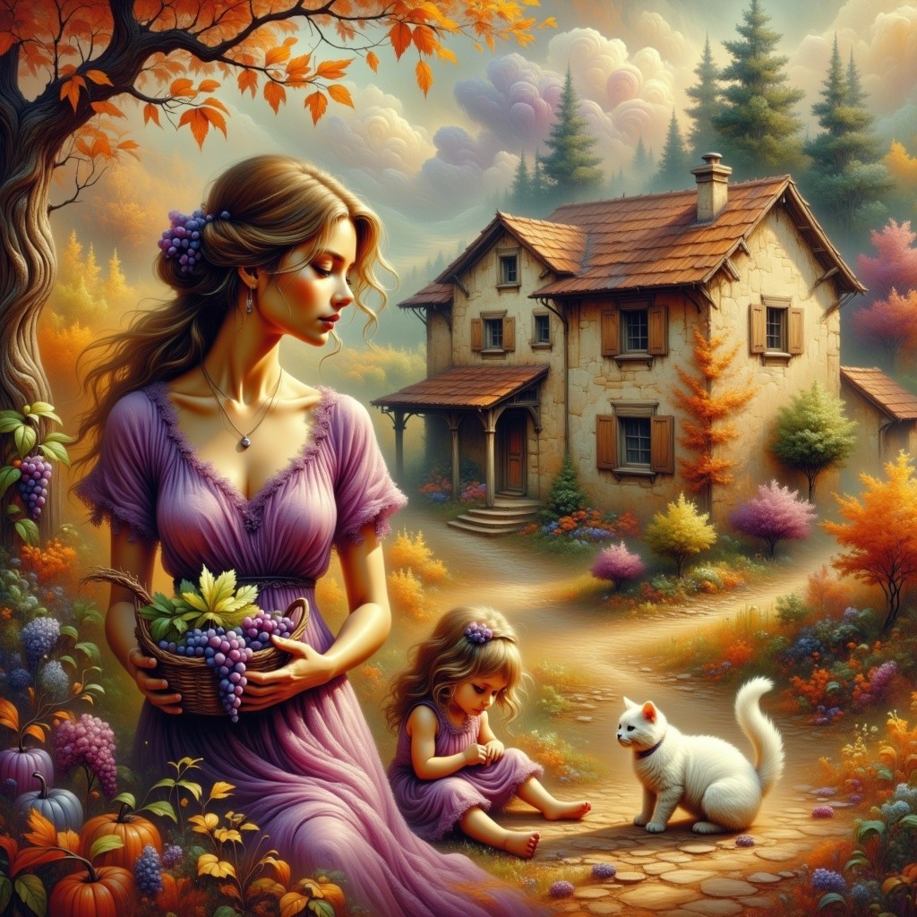 Autumn Landscape with Stone House and Fall Foliage