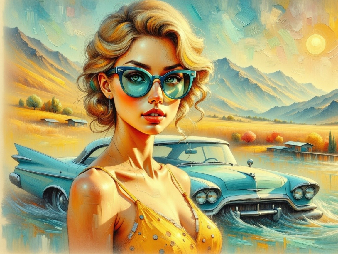 Glamorous Woman by Vintage Car in Scenic Sunset