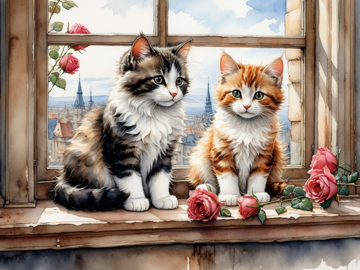 Cats on Windowsill with Rooftop View and Roses