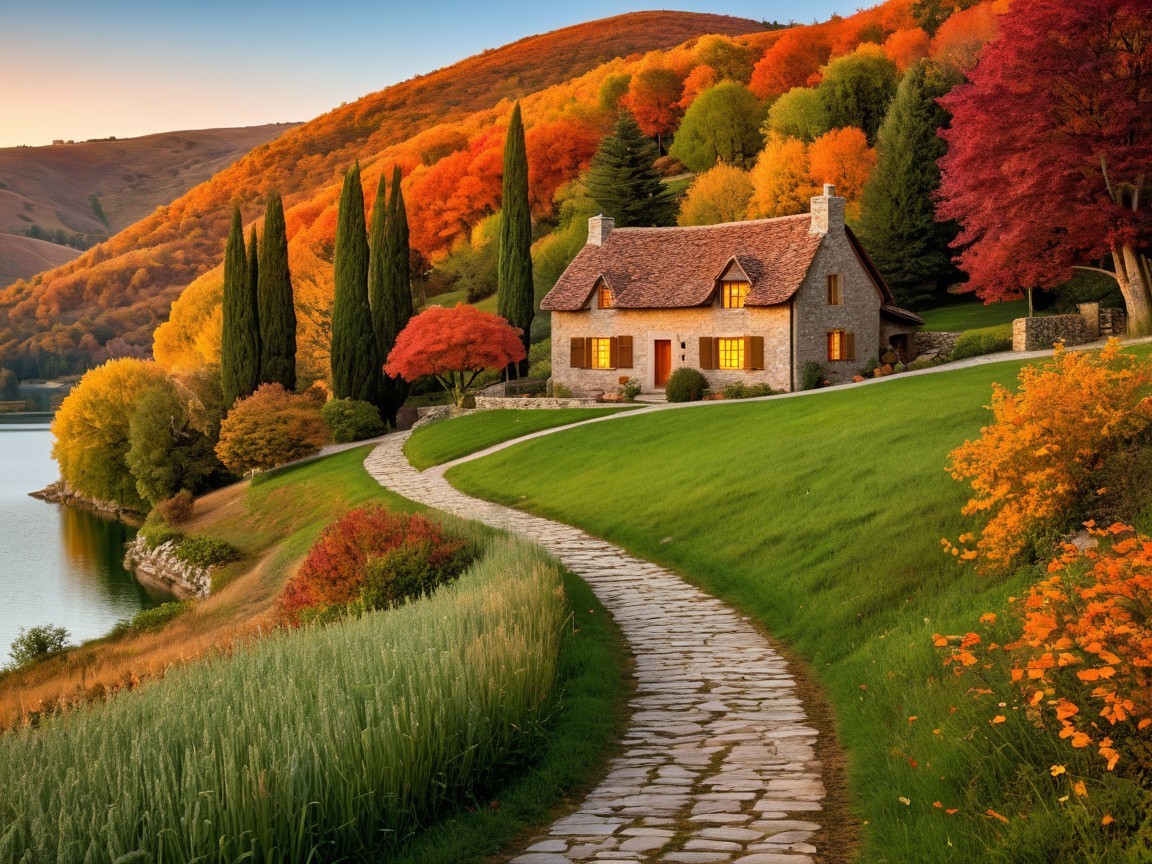 Stone cottage by a serene lake in autumn colors
