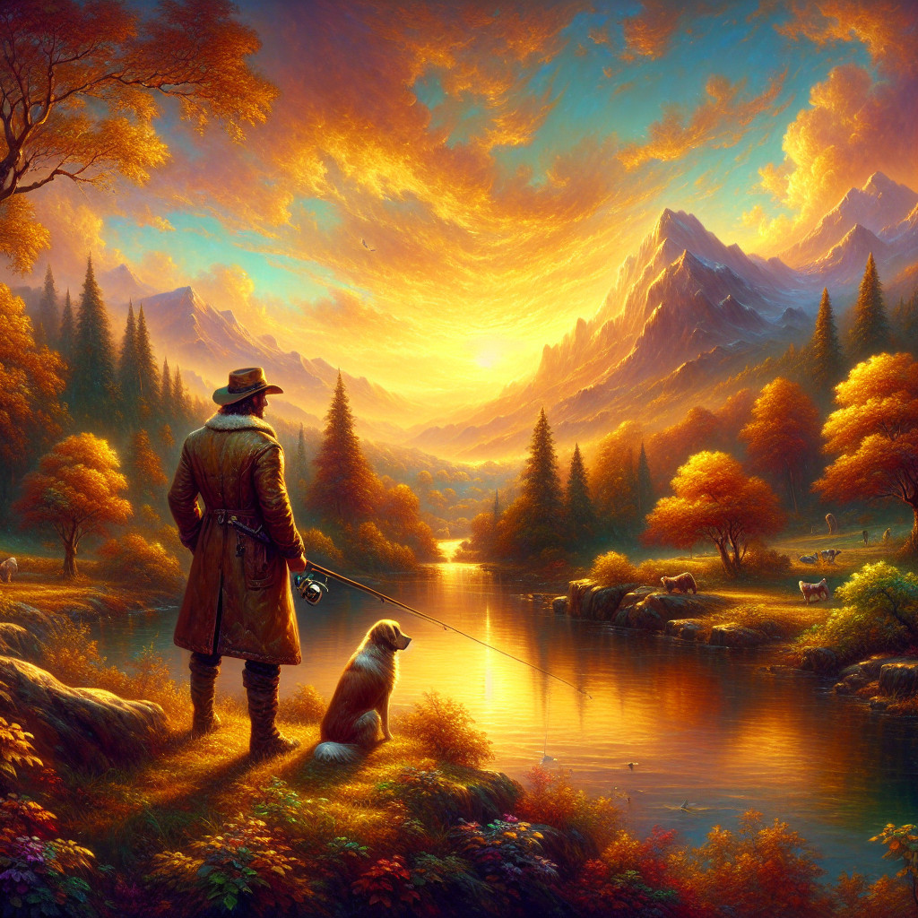 Sunset Landscape with Fisherman and Golden Retriever