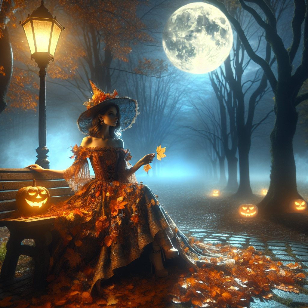 Mystical Autumn Scene with Woman and Carved Pumpkins