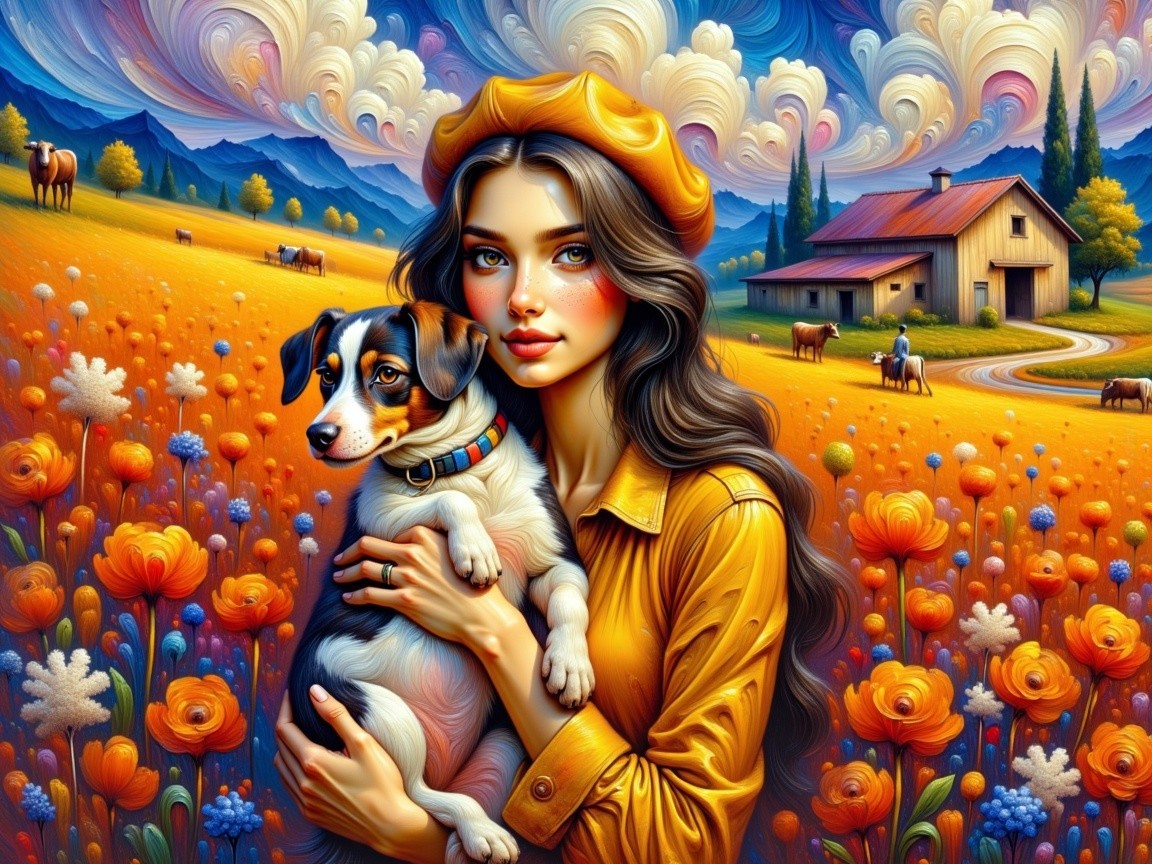 Vibrant Landscape with Woman, Dog, and Blooming Flowers