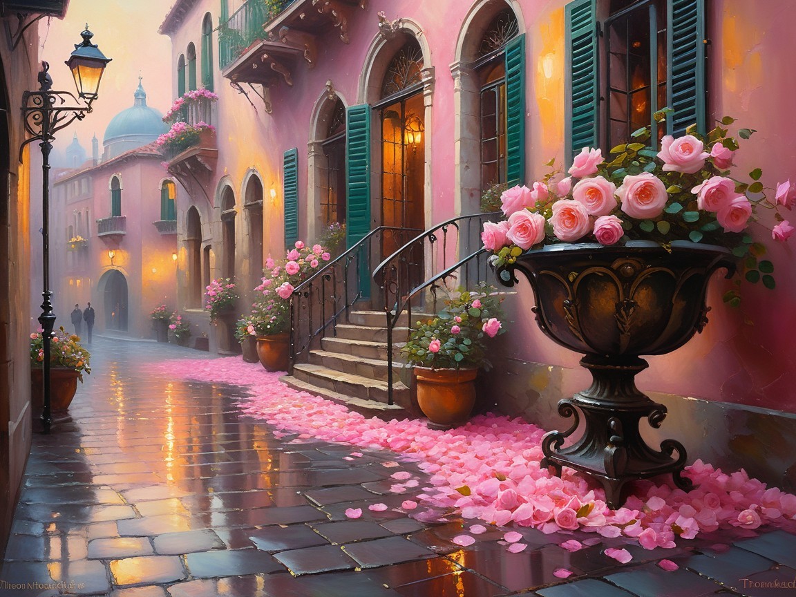 Charming Cobblestone Street with Pastel Pink Buildings