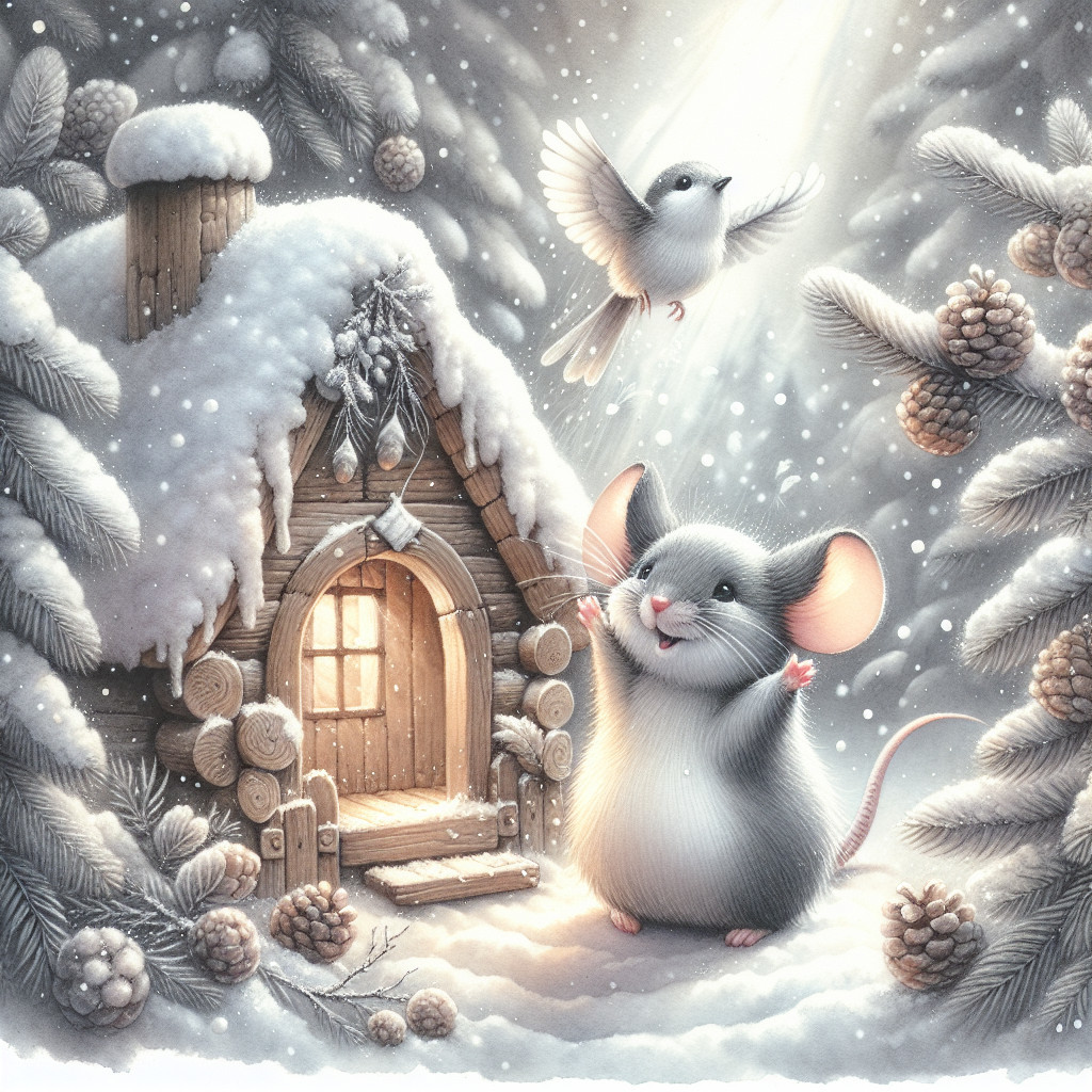Cheerful Mouse in Winter Landscape by Woodland Cottage