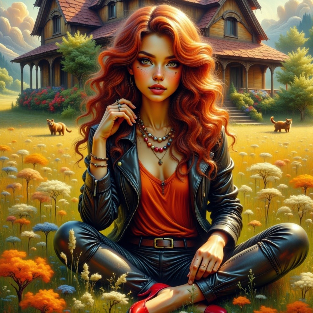 Young woman in vibrant field with wildflowers and dogs