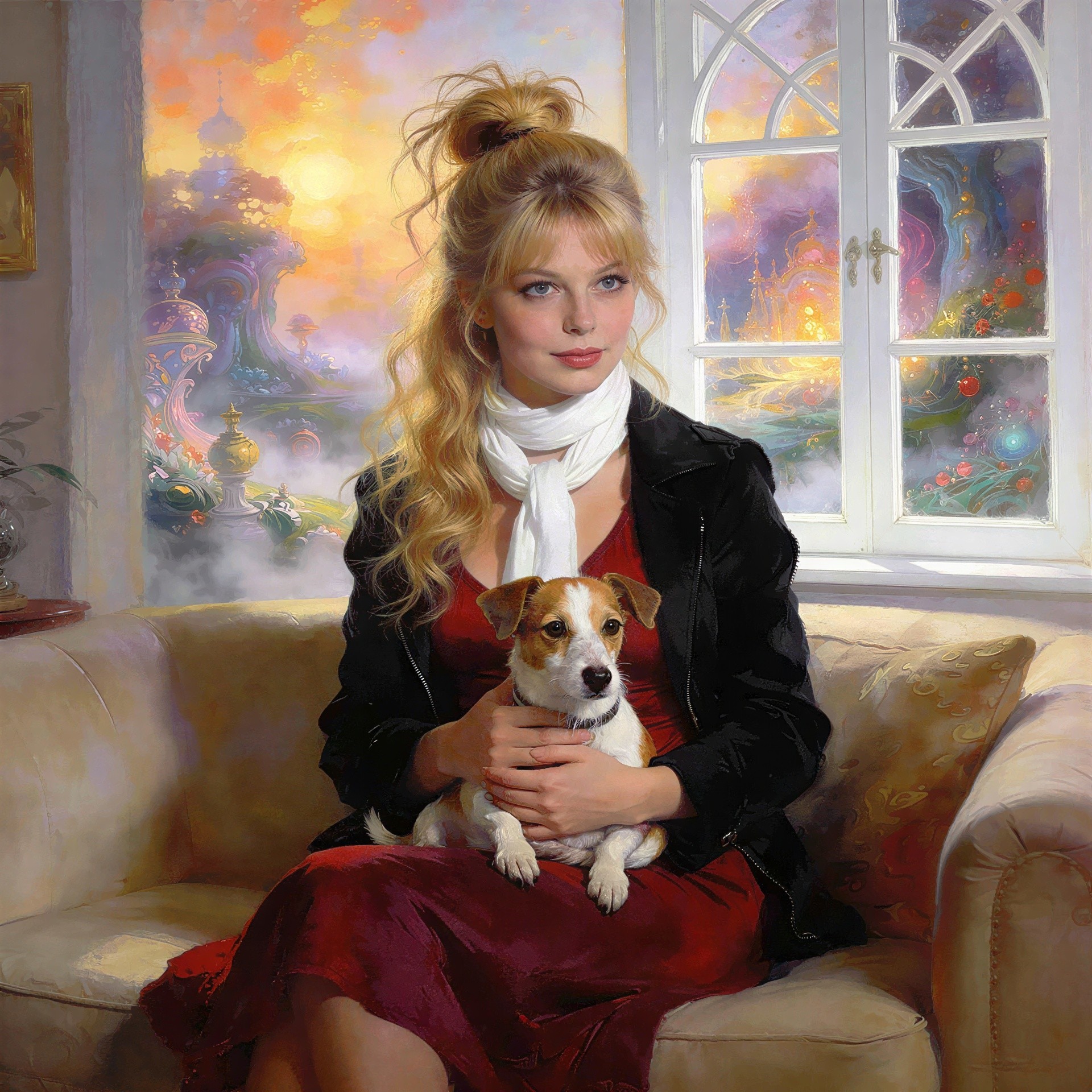 Digital Painting of Woman with Dog and Castle Sunset